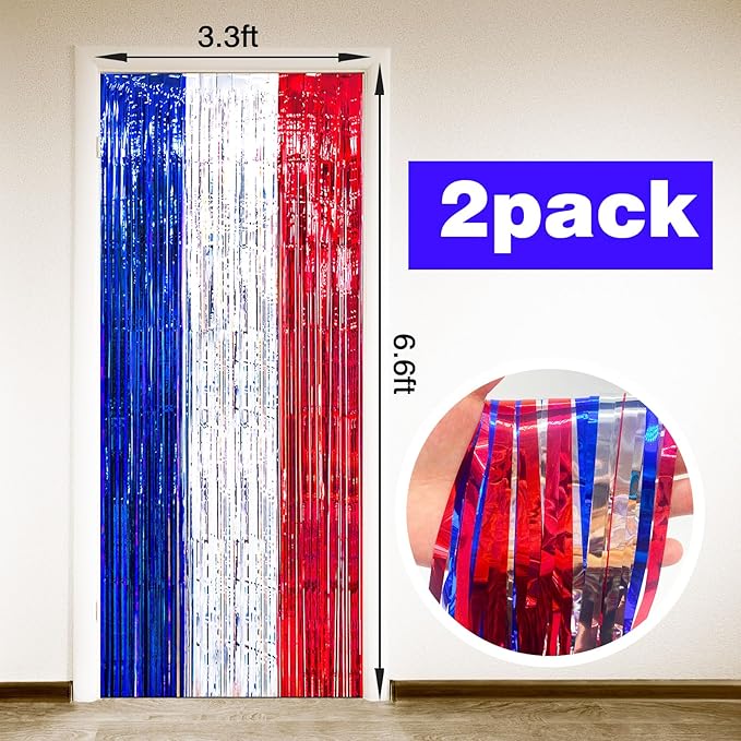 MYUPDALIN 2 Pack 4th of July Decorations - Tinsel Foil Fringe Red White and Blue Backdrop Patriotic Party Memorial Day Independence Day Labor Day, Veterans Day Party Decorations