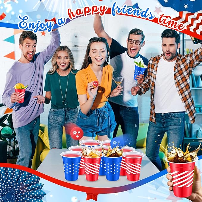32 Pcs Red Blue White Party Game Set Include 16oz Patriotic Plastic Cups with 8 Star pattern Balls,4th of July Cups Memorial Independence Day Veterans Labor Juice Beverage Toss Game Supplies