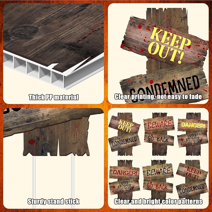 6PCS Halloween Yard Decorations Outdoor Keep Out Warning Halloween Sign Stakes Graves Lawn Bush Decorations Props Outdoor Decor for Haunted House Holiday Party Supplies