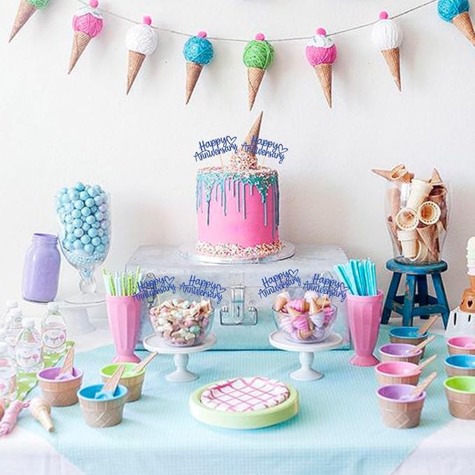 24 PCS Happy Anniversary Cupcake Toppers Glitter Wedding Anniversary Cupcake Picks Happy Anniversary Cupcake Decorations Baby Shower Birthday Wedding Anniversary Party Cake Decorations Supplies Blue