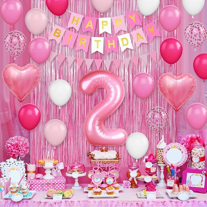 2nd Birthday Decorations for Girls, Hot Pink Balloons with Happy Birthday Banner, Fringe Curtain, Cake Topper, Glue, Ribbon