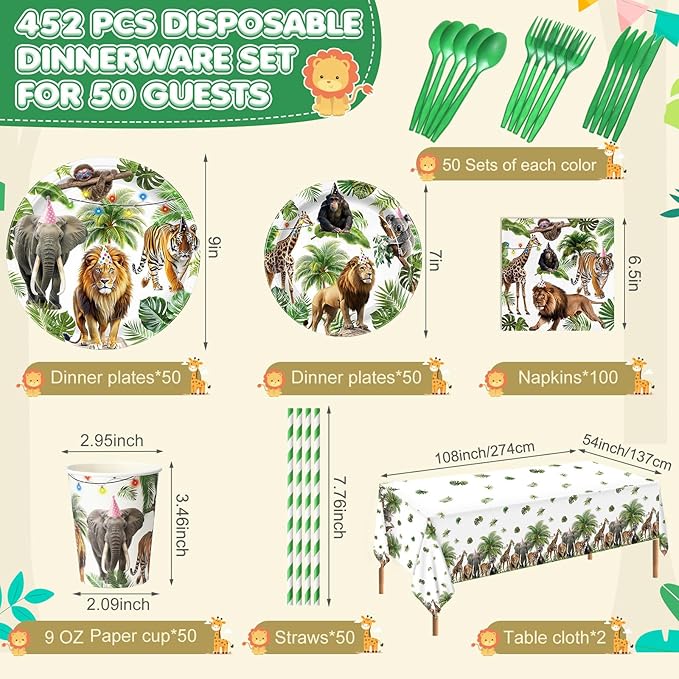 452 Pcs Wild Animals Birthday Party Decorations for 50, Jungle Themed Paper Plates Napkins Cups Tablecloth Cutlery Straws Safari Zoo Tableware Set for Baby Shower Gender Reveal Party Supplies