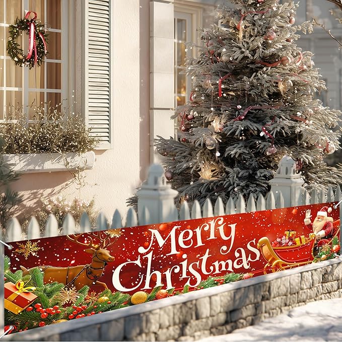 Merry Christmas Decorations Banner Polyester Fabric Santa Sleigh Reindeer Holiday Design Outdoor Porch sign for Indoor Outdoor Garden Fence Party 118x20 Inch Supplies Banners