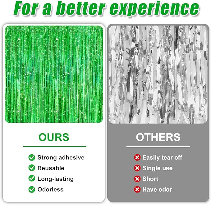 Crosize 2 Pack 3.3 x 9.9 ft Laser Green Foil Fringe Curtains Party Decorations,Tinsel Curtain Backdrop for Parties, Door Streamers, Glitter Streamer Backdrop for Birthday Decoration