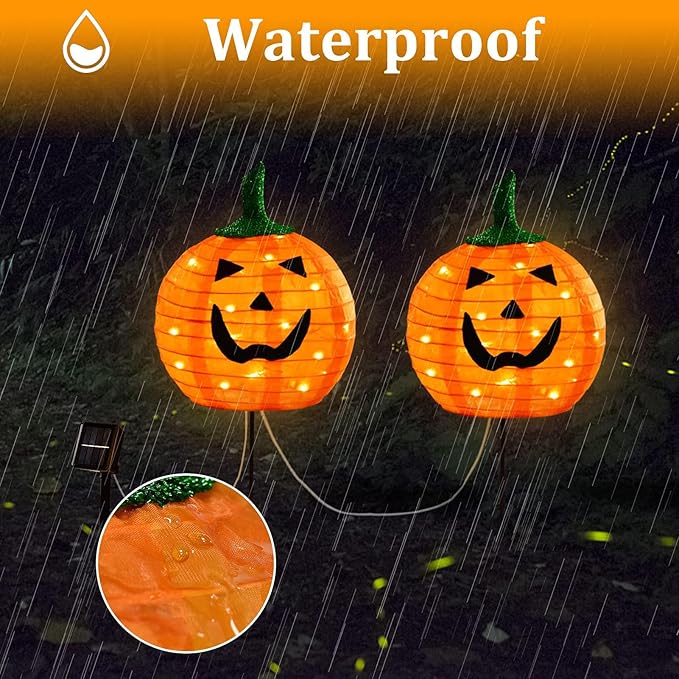 Solar Halloween Pumpkin LED Lights, Set of 2 Big Pumpkin Stake Lights 2 Modes for Outdoor Halloween Pathway Yard Garden Decoration (Warm White-Pumpkin, 2 Pack)