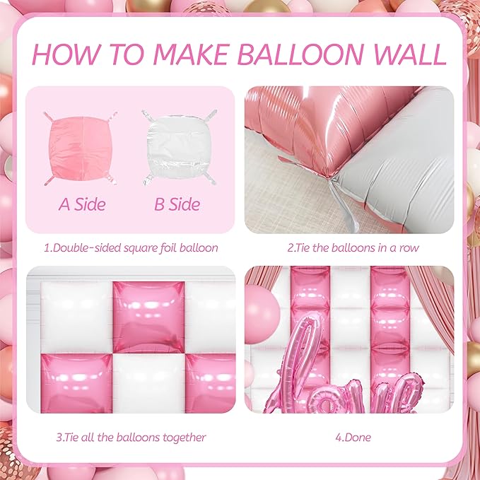 50PCS Pearl Pink and White Square Foil Balloon Wall, 19'' Reusable DIY Mylar Double Side Balloons Garland Tunnel Arch Kit for Anniversary Baby Shower Bachelorette Birthday Engagement Bridal Decor