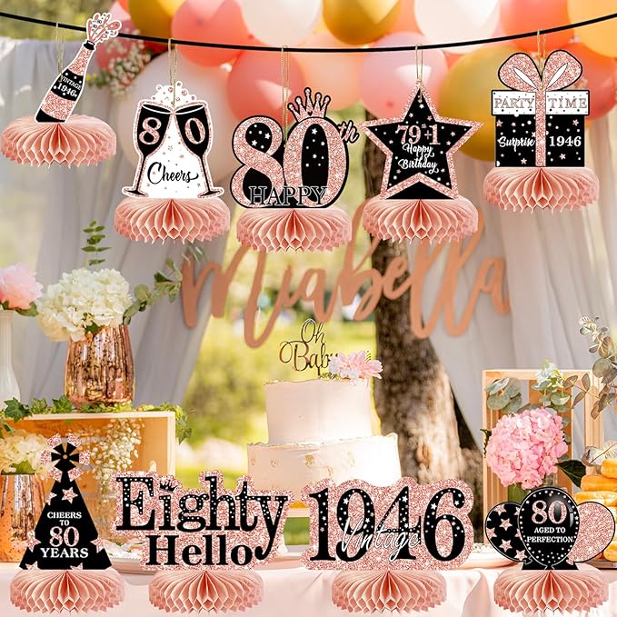 9Pcs 80th Birthday Decorations Honeycomb Centerpieces for Women, Rose Gold Happy 80th Birthday Centerpieces Tables Toppers Party Decorations Supplies, Vintage 1946 Aged Table Sign Decor