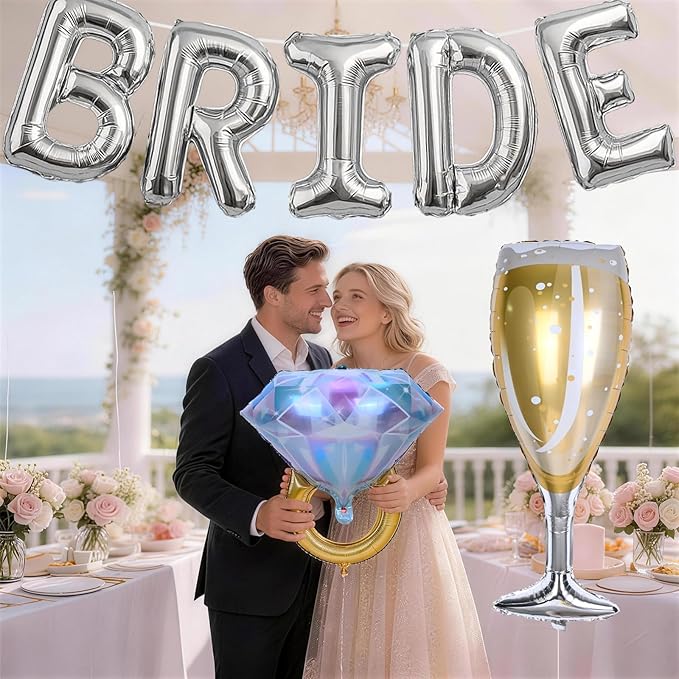 40inch Silver Bride Balloons Bachelorette, Bride To Be Bridal Shower Balloon Diamond Ring Champagne Glass Foil Balloon for Bachelorette Bridal Shower Engagement Wedding Hen Night Room Party Decoration