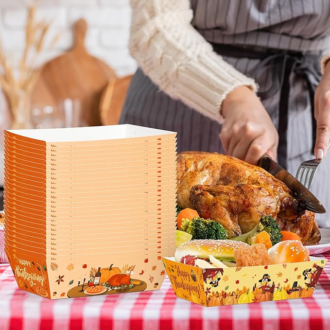 50Pcs Thanksgiving Food Trays, 5.94" x 3.34" x 2.16" Thanksgiving Party Supplies Disposable Fall Boats, Pumpkin Turkey Paper Serving Tray, Food Boats for Snack Popcorn, Harvest Party Decorations