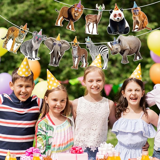 Hooqict Safari Animals Happy Birthday Banner Animal Birthday Decorations Party Animal Banner Garland Sign for Jungle Theme Decorations Kids Wild Zoo Party Supplies