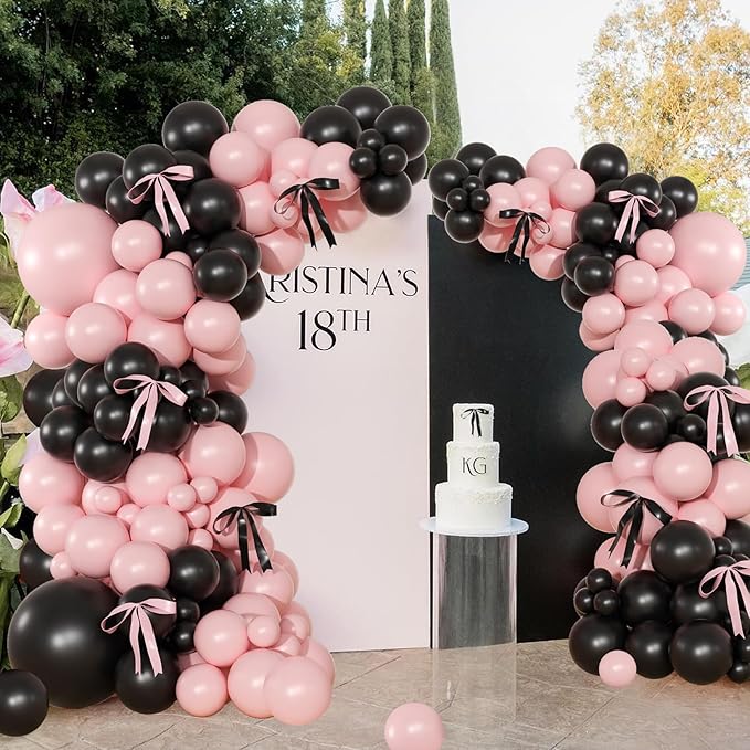 Pink Black Balloon Garland Arch Kit, 141Pcs Pink and Black Balloons Different Sizes 18 10 5 Inch and Bows for Coquette Birthday Wedding Baby Shower Bridal Shower Party Decorations