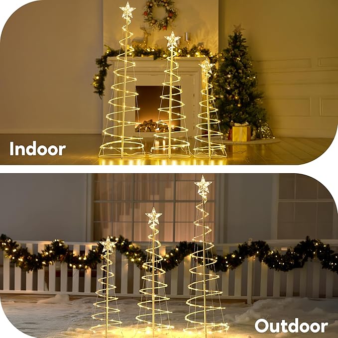JOIEDOMI 3 Pack Spiral Christmas Tree Lights, 218 LED Outdoor Lighted Tree with Star Topper & Stakes, Christmas Decorations for Yard Porch Patio Garden Holiday Xmas Eve Night Décor, Warm White