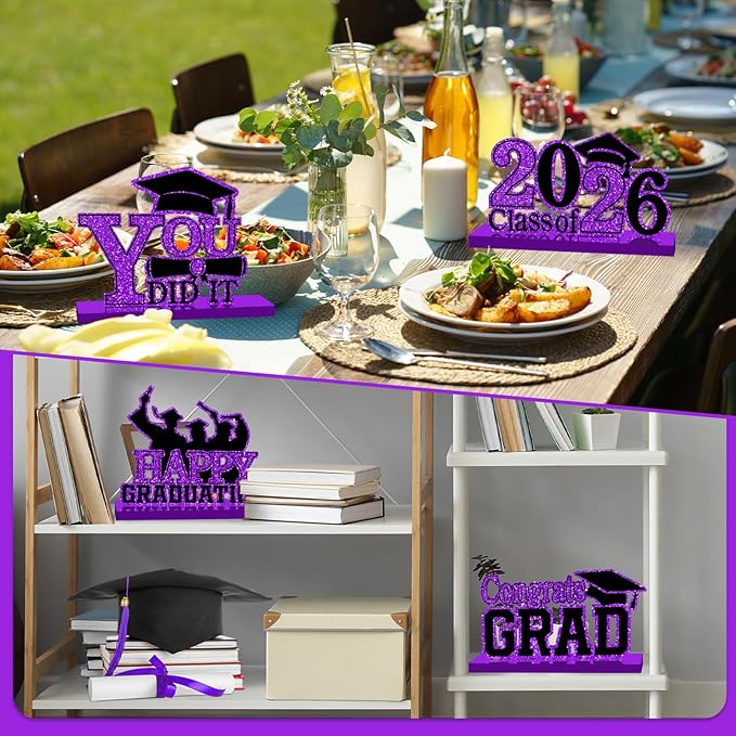 4Pcs Graduation Decorations Class of 2026 Wood Table Centerpieces Congrats Grad Wooden Sign Graduation Table Toppers Congratulate Tiered Tray Decor for 2026 Graduation Party (Purple-Black)
