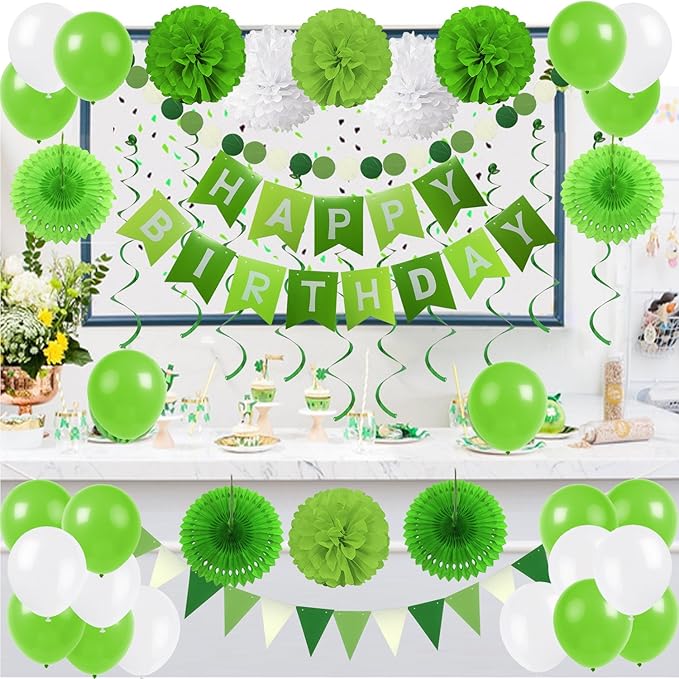 ZERODECO Birthday Party Decoration - Green & White Banner, Fans, Pom Poms, Balloons & More
