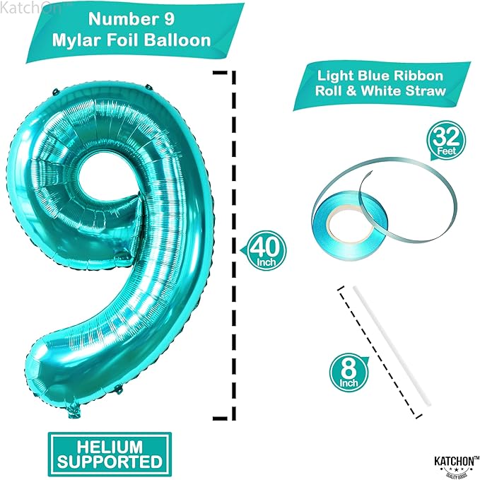 KatchOn, Giant Aqua Blue Number 9 Balloon - 40 Inch | Foil 9 Birthday Balloon for 9th Birthday Decorations | 9th Anniversary Decoration | Ocean Party Decoration