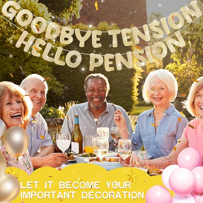 Retirement Banner Pre-Strung GOODBYE TENSION HELLO PENSION Banner Glitter Retirement Party Supplies Decorations for Women Men Office Home Decor (Chanmpagne Gold)