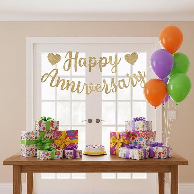 Happy Anniversary Banner, Glitter Happy Anniversary Decorations No DIY Anniversarys Decor Gold Glitter Bannersfor Wedding Anniversarys Party Decorations