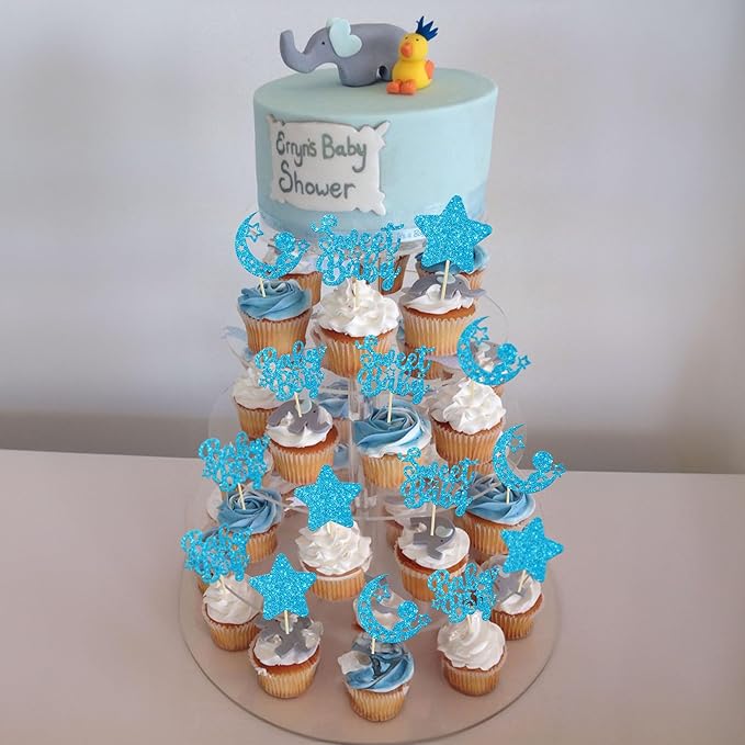 Gyufise 24Pcs Blue Glitter Baby Boy Cupcake Toppers Star Moon Sweet Baby Babyshower Boy Cupcake Picks for Baby Shower Boys Birthday Party Cake Decorations Supplies