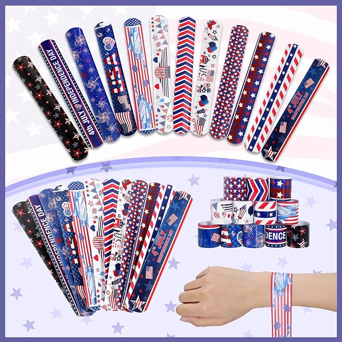 MGparty 4th of July Accessories, 48PCS Patriotic Slap Bracelets Toys for Kids, Fourth of July Decorations Party Favors Memorial Day Supplies Classroom Prizes Gifts Accessories