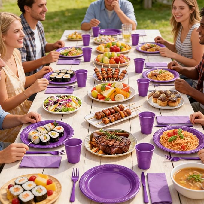 200pcs Purple Plastic Plates Party Supplies, Disposable Purple Party Plates, 50 of Each 9" Dinner Plate, Napkins, Cups & Cutlery Dinnerware Party Decorations for Graduations, Birthday, Wedding