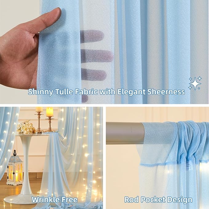 10x10FT Blue Wrinkle Free Backdrop Curtains with Lights String for Parties - Photo Curtain Backdrop with Lights for Wedding Decorations, Bridal Baby Shower Birthday Party Photography Background