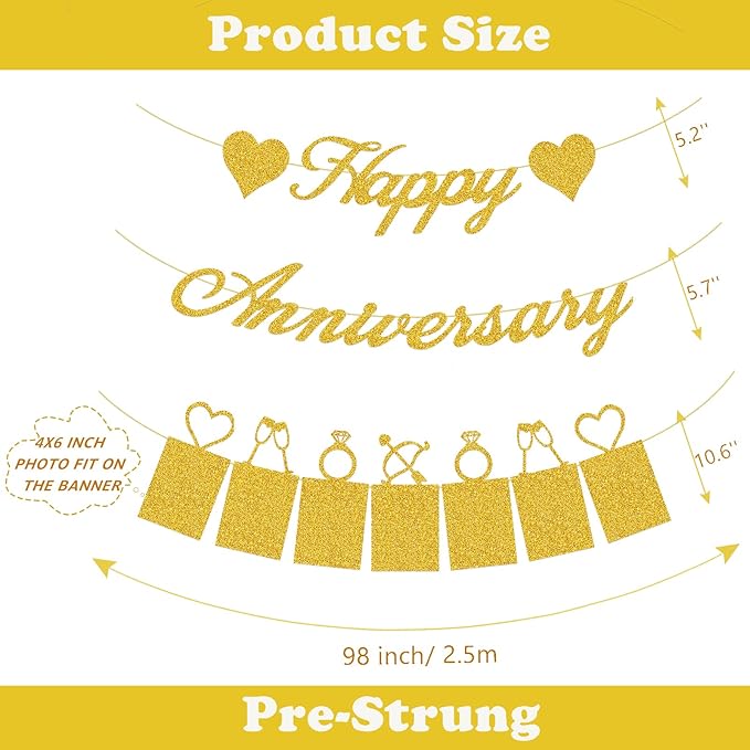 50th Anniversary Decorations Party Supplies Set of Happy Anniversary Photo Banner and Balloons,Hanging Swirls for 50 year Wedding decor(Gold)