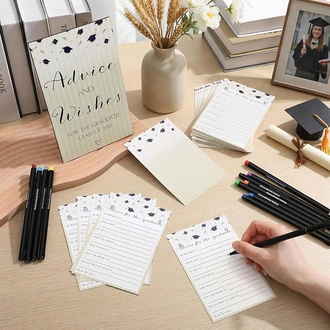 113 Pcs Class of 2026 Graduation Party Favors Include 1 Advice and Wishes Wooden Sign 100 Graduation Advice Cards with 12 Fineliner Ink Pens for The Graduate Class of 2026(Purple)