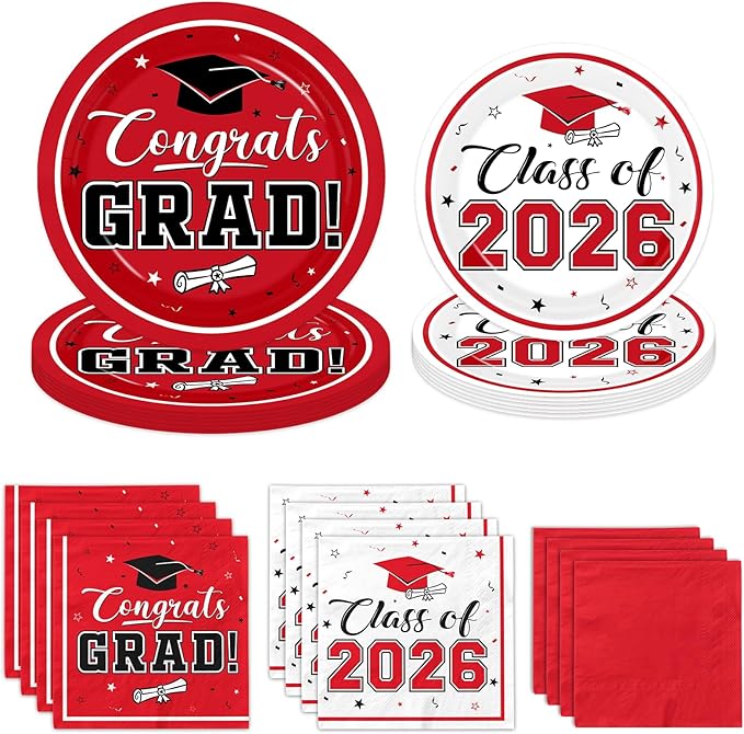 Graduation Party Plates and Napkins Red Class of 2026 Grad Congrats Party Supplies Disposable Dessert Paper Plates Cocktail Napkins forGraduation Party Decorations,Serve 50