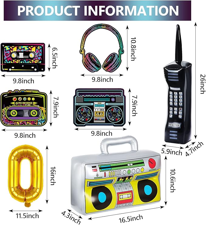 Zhanmai 26 Pieces 80s 90s Party Decorations Inflatable Boombox Radio Mobile Phone Gold Foil Chain Balloons 80s 90s Props Retro Cassette Headphones Player Cutouts for Hip Hop Party Supplies