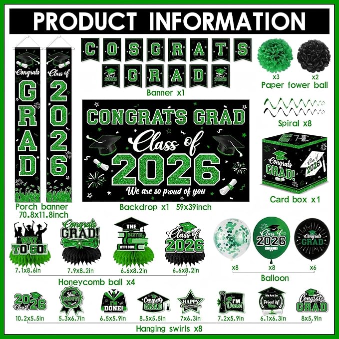 Graduation Decorations Class of 2026,Green Graduation Decorations 2026- Congrats Grad Decorations Banner ＆ Hanging Swirls,Graduation Card Box,Paper Pompoms,Balloons,Porch Sign for College Grad Party