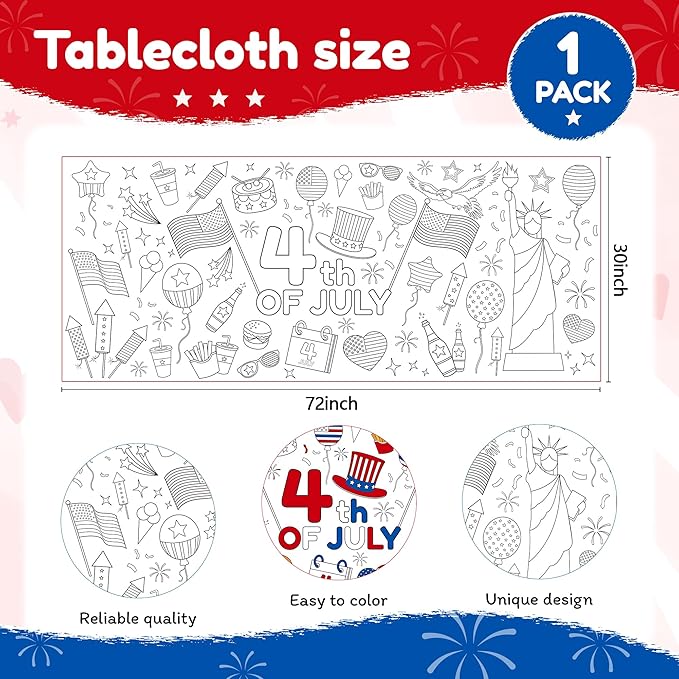 Childom 1 Pack Fourth of July Coloring Tablecloth for Kids,4th of July Crafts for Kids 30"x72" Giant Coloring Poster Table Cloth,Large Paper Poster Crafts Party Activities,4th of July Paper Tablecloth