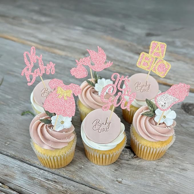 24Pcs Baby Shower Oh Baby Cupcake Toppers with Bow Dress Bottle Swan Pink Glitter It's a Girl Cake Picks Decorations for Baby Shower Gender Reveal Girls Birthday Party Supplies