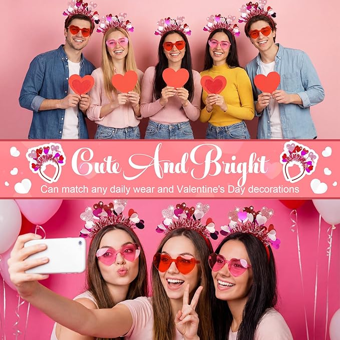 Jutom 24 Pieces Valentines Heart Headbands and Glasses Love Shaped Head Boppers Sunglasses for Adults Galentine's Supplies(Latest Style)