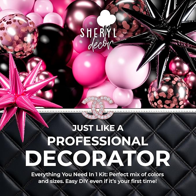 ALL-IN-1 Pink and Black Balloons Arch Kit with BONUS Starburst Balloons – Pink Black and White Balloons for Hot Pink and Black Party Decorations for Birthday, Boss Baby, Mean Girls, Barbie, Minnie