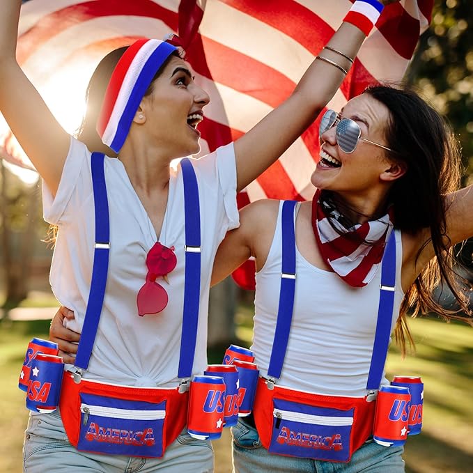 Sweetude America Fanny Pack USA 4th of July Patriotic Beverage Beer Belt Costume Set Outfit Accessories with Drink Holder Sunglasses Striped Sweatband Men