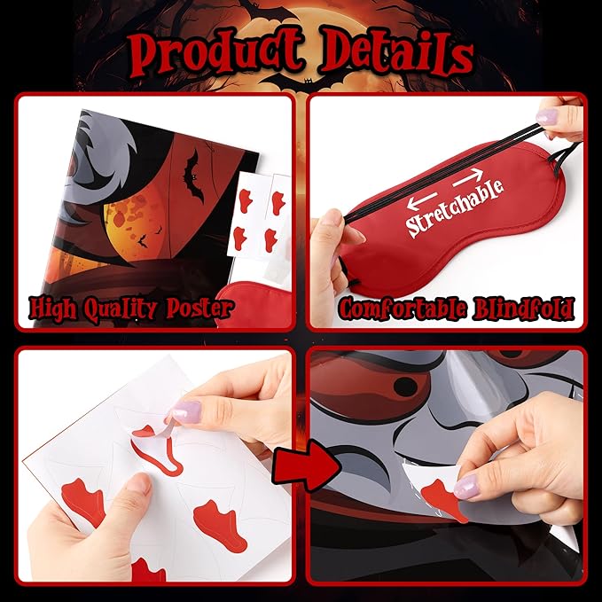 Pin The Fangs on The Vampire Halloween Party Games Poster with 24 Stickers Entertaining Activity Holiday Carnival Celebrations Birthday Party Decorations Supplies Haunted House Wall Decor
