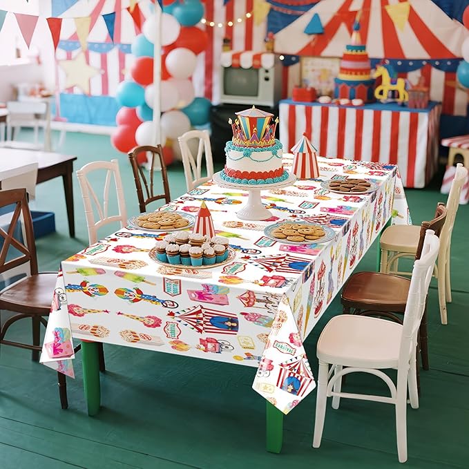 2 Pack Circus Carnival Theme Tablecloth 54 x 108 Inch Disposable Plastic Waterproof Table Cloths Circus Theme Party Decorations Tablecover for Carnival Night Movie Happy Birthday Party Supply