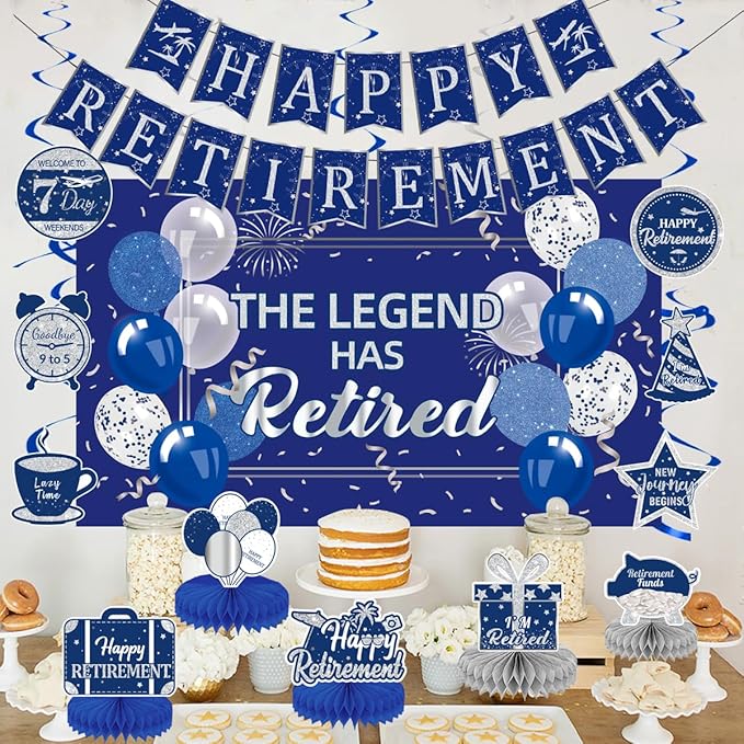 Happy Retirement Party Decorations Men Women, Blue Silver Retirement Party Decorations, Happy Banner, Backdrop, Hanging Swirls, Honeycomb Centerpiece