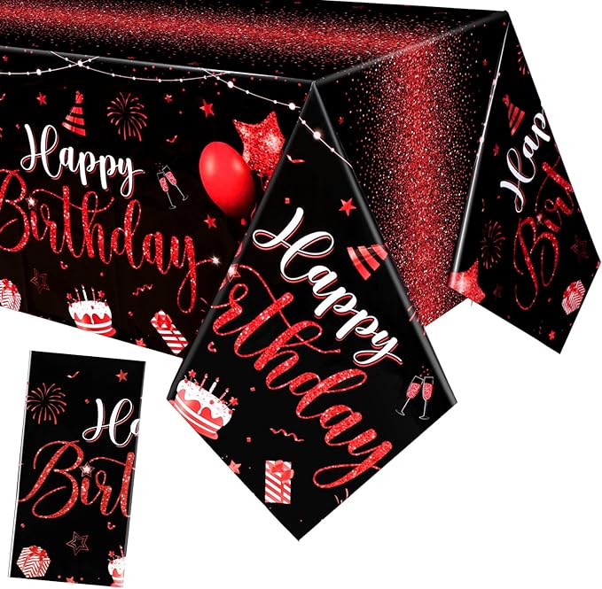 Tudomro 1 Pcs Happy Birthday Tablecloths Happy Birthday Party Decorations Plastic Table Cover Rectangular Cloths for Women Men Baby Shower Party Supplies, 108 x 54 Inch (Black Red)