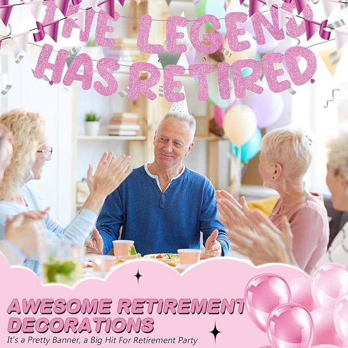 Fulmoon Pre Strung the Legend Has Retired Glitter Banner 9.8 ft Retirement Banner Retirement Party Decorations Garland Bunting for Men Women Gifts, No DIY(Pink)