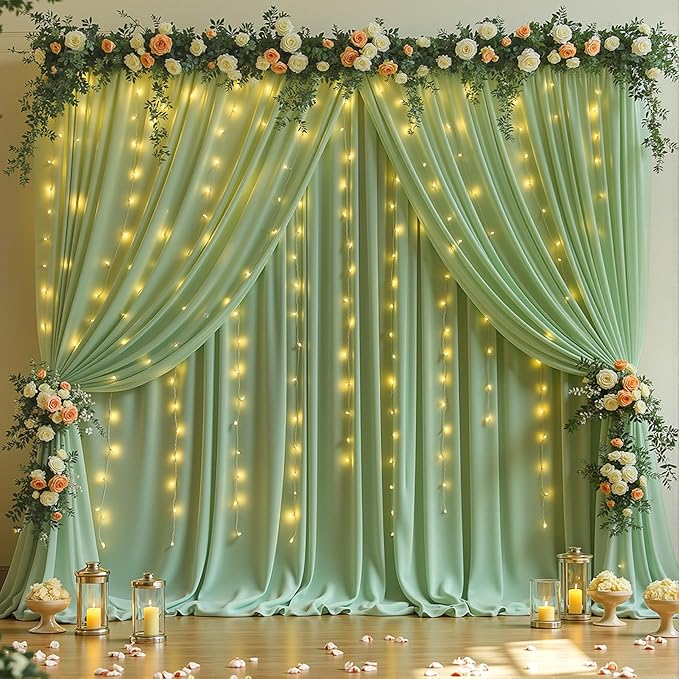 20 x 10ft Sage Green Backdrop Curtains with Lights String for Wedding Polyester Photo Backdrop Drapes Wrinkle Free Curtains Backdrop for Birthday Parties Reception Baby Shower Ceremony-5 x 10ft x 4P