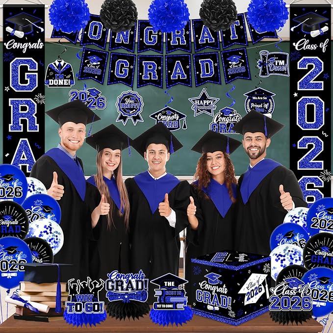 Graduation Decorations Class of 2026,Blue Graduation Decorations 2026- Congrats Grad Decorations Banner ＆ Hanging Swirls,Graduation Card Box,Paper Pompoms,Balloons,Porch Sign for College Grad Party