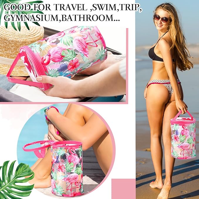 Sanwuta Beach Gifts Heavy Duty Clear Lotion Toiletry Bags for Travel Sunscreen Makeup Cosmetic Pouch Cylinder Bag Waterproof Portable Trip Bag with Handle Zipper(Flamingo)