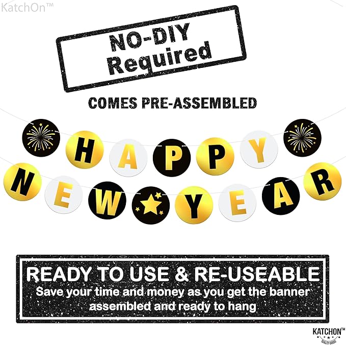KatchOn, Shiny Happy New Year Banner 2026 - 10 Feet, Pre - Strung | Happy New Year Backdrop, Happy New Years Decorations 2026 | New Years Eve Banner, New Years Eve Party Supplies 2026 | NYE Decorations 2026