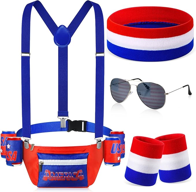 Sweetude America Fanny Pack USA 4th of July Patriotic Beverage Beer Belt Costume Set Outfit Accessories with Drink Holder Sunglasses Striped Sweatband Men
