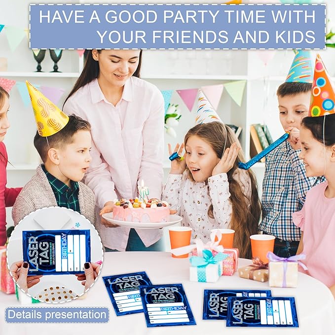 Laser Tag Birthday Party Invitations, Glow Neon Theme Invite Cards, 20 Count with Envelopes for Boys Girls Teen, 4 x 6 Double Sided Printed Fill In Blank Party Supplies- Blue