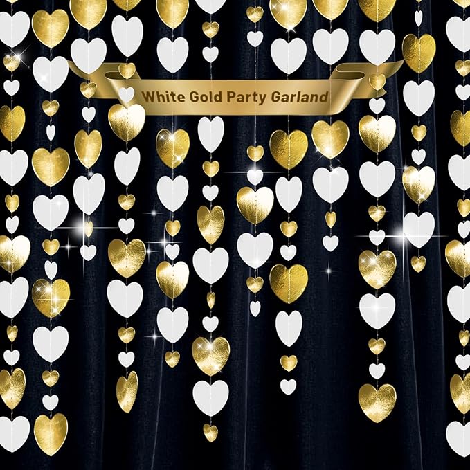GCQQ White Gold Heart Garlands - 52Ft Glitter Valentines Day Decorations 4 Packs Paper Heart Hanging Streamers Garland for Valentine's Day Party Decoration Wedding Birthday Bridal Shower Decor