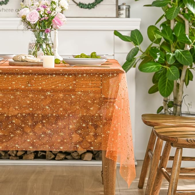 Horaldaily Orange Gold Sparkling Star Gauze Tablecloth 60x140 Inch Rectangular, Golden Star Sequin Glitter Metallic Foil, Sheer Tulle Cheesecloth for Wedding Baby Shower Party