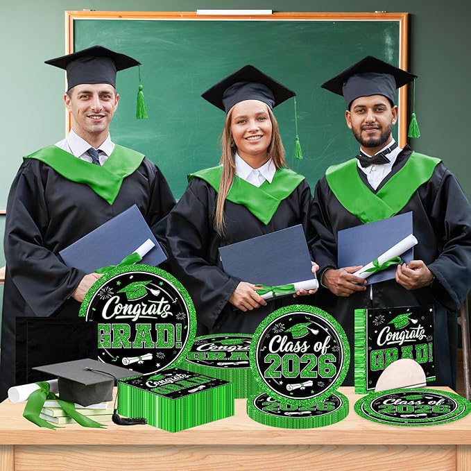 Graduation Decorations 2026 Graduation Party Plates and Napkins Set Black Green Class of 2026 Graduation Party Supplies for Congrats Grad Party Decor, Serve 50