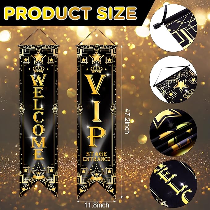 Blulu VIP Party Decorations Roaring 20s Movie Night Banner VIP Porch Sign Movie Theater Now Showing Hanging Porch Sign 1920s Party Supplies(Black)